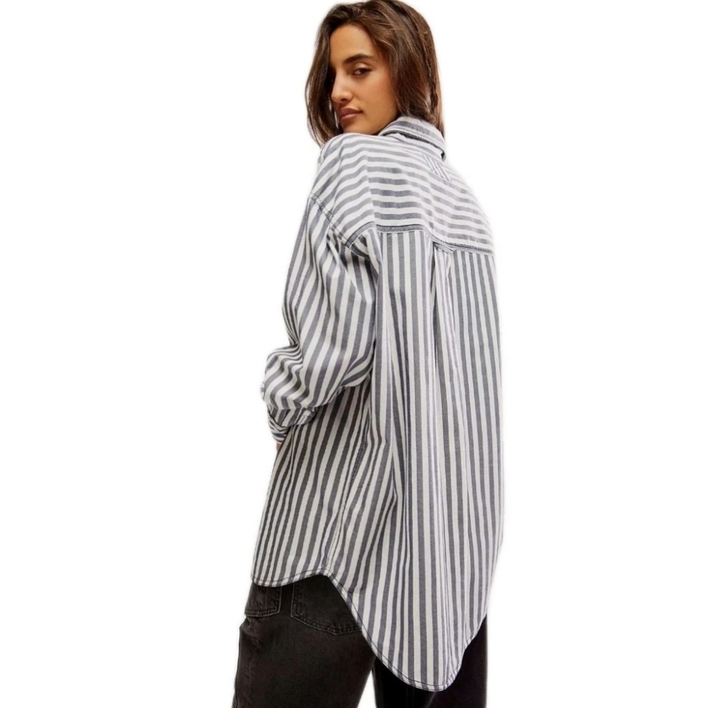 Free People Freddie Striped Blue Button Front Long Sleeve Shirt Size:  Small
